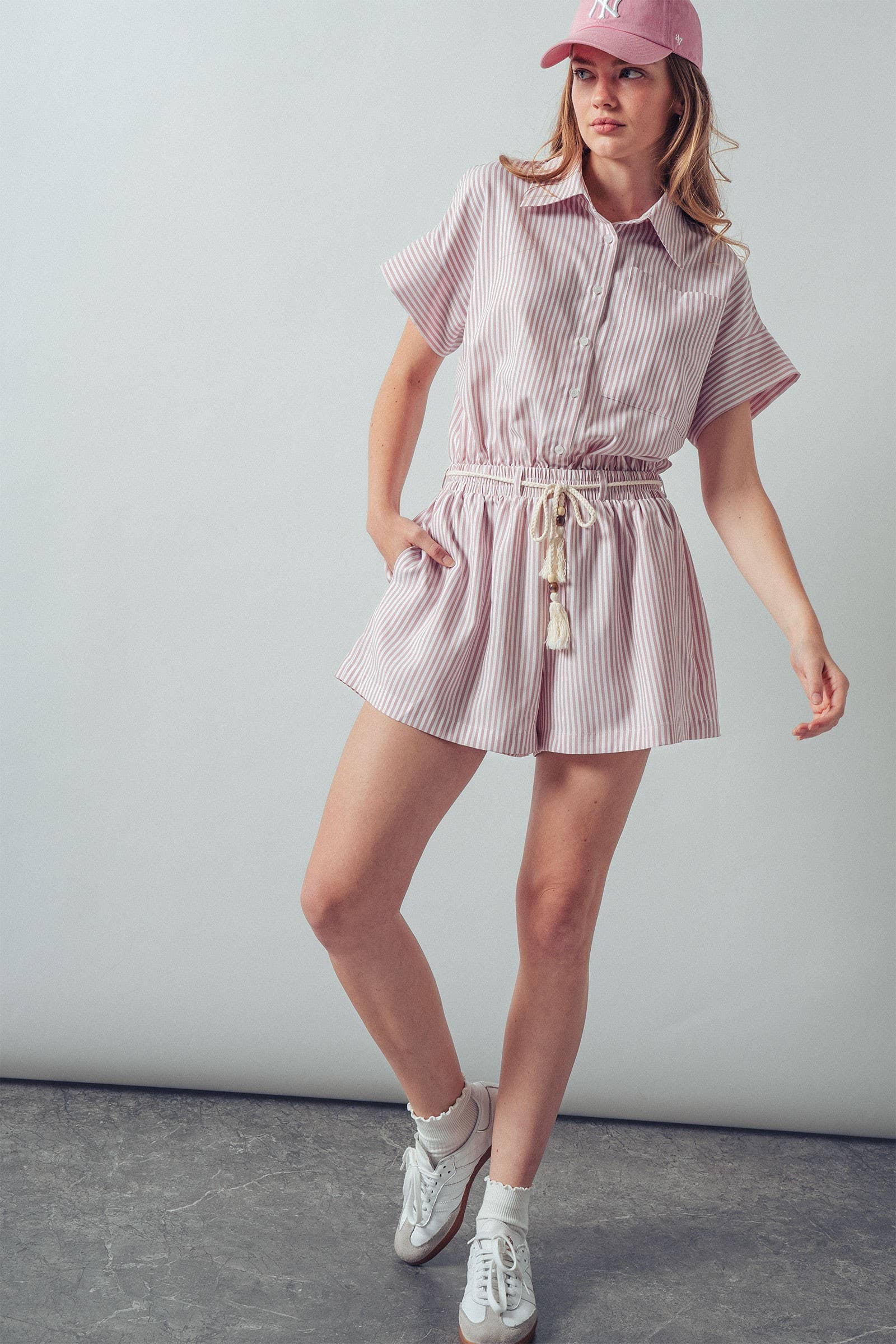 Urban Daizy Striped Tassel-Belt Collared Romper Pink Romper - Women's (UDZ-JR-00069) – alternate view 14