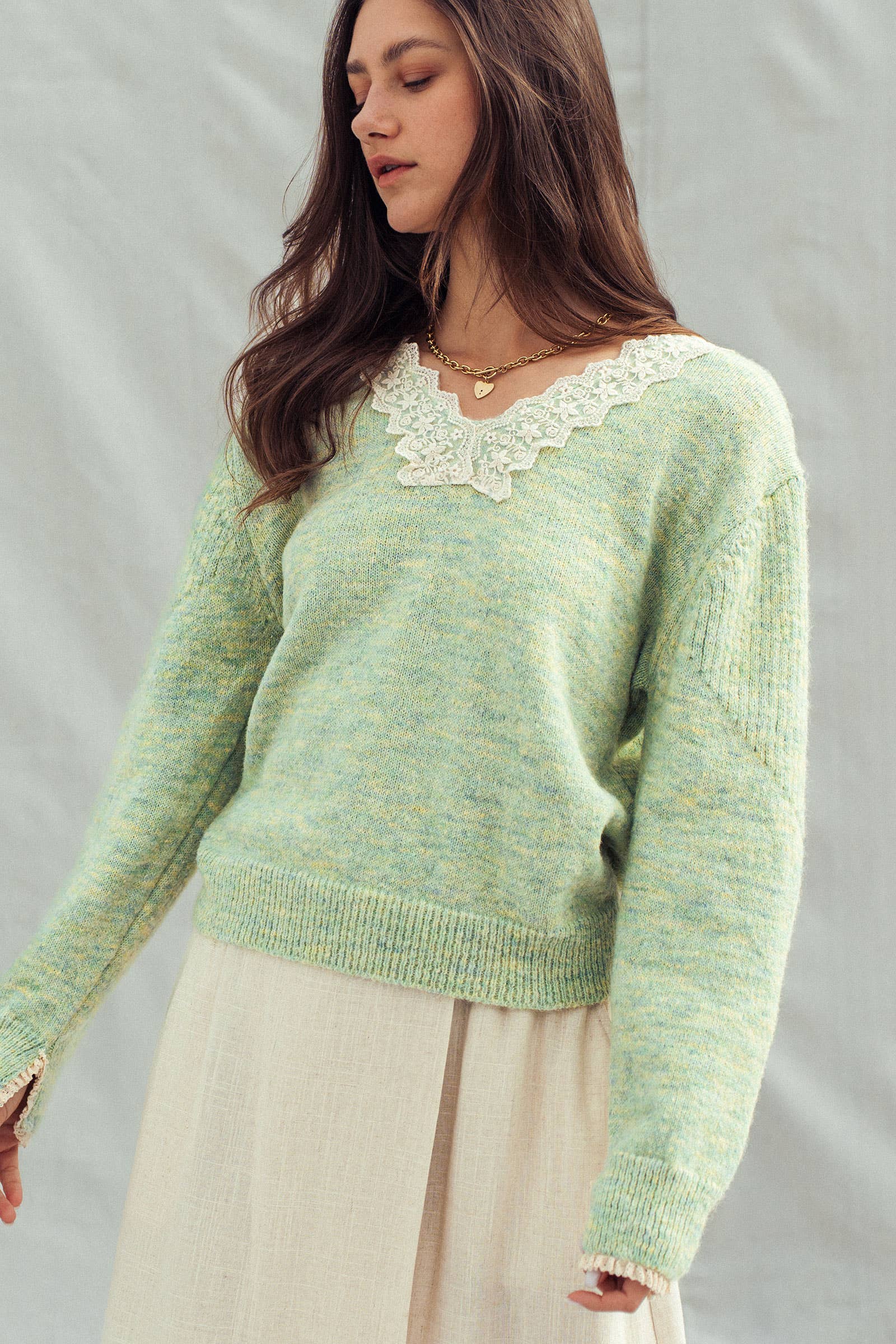 Lace Trim V-Neck Heathered Knit Sweater