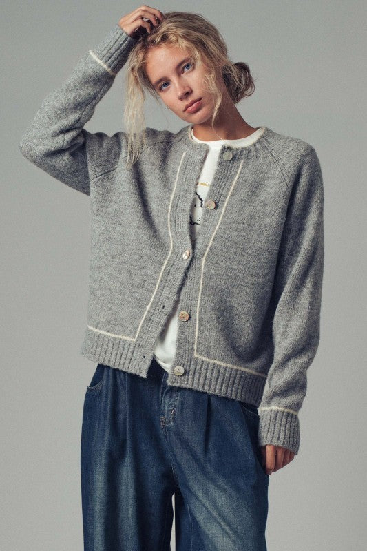 Wool Blend Sweater Cardigan with Statement Buttons in GREY - Women's Cardigans & Shrugs | Urban Daizy