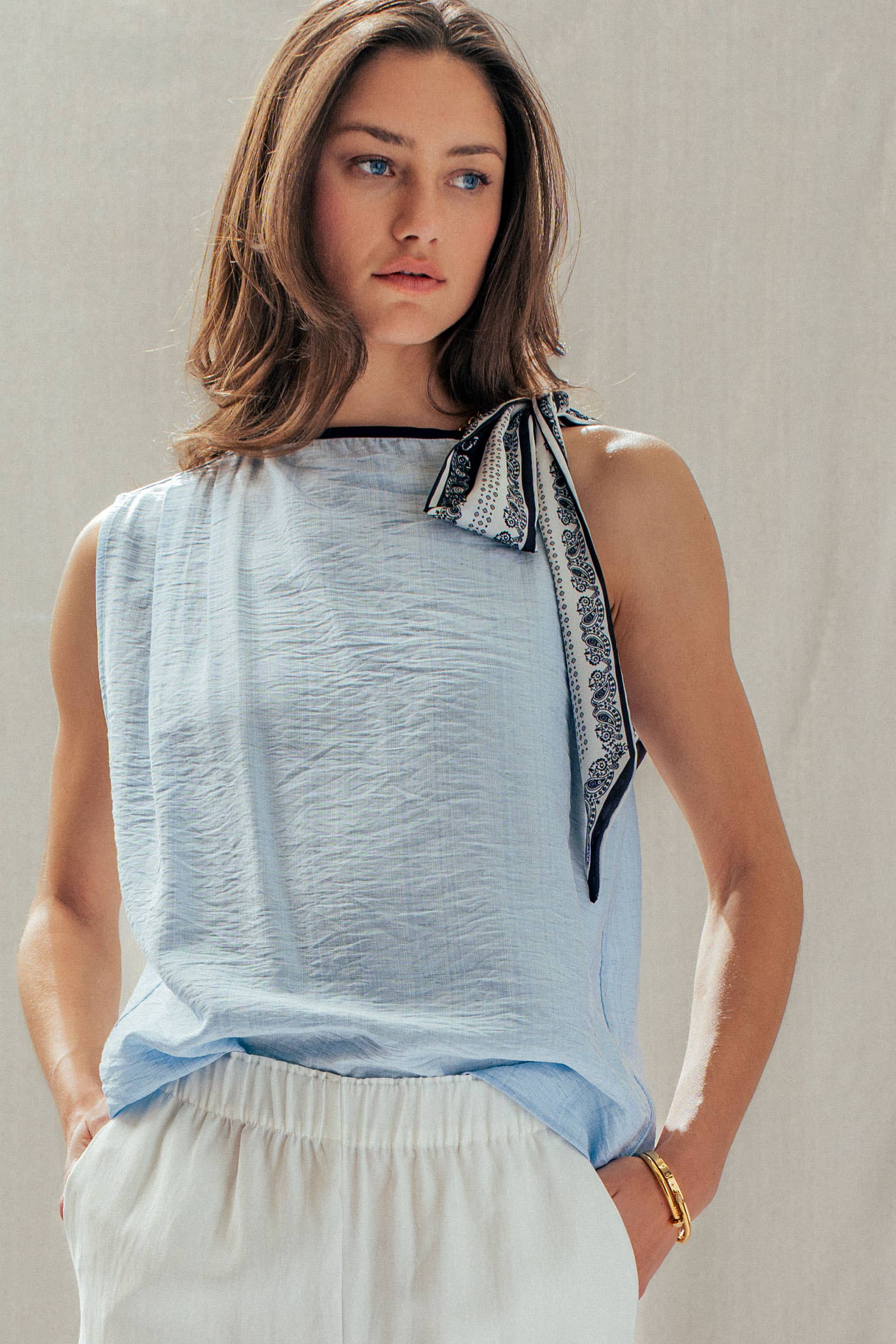 Paisley Scarf Tie Shoulder Linen Blend Top