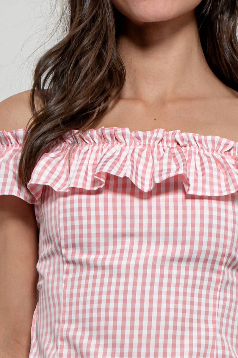 Urban Daizy Gingham Ruffle Off-Shoulder Crop Top Pink Blouse - Women's (UDZ-TP-01034) – alternate view 33