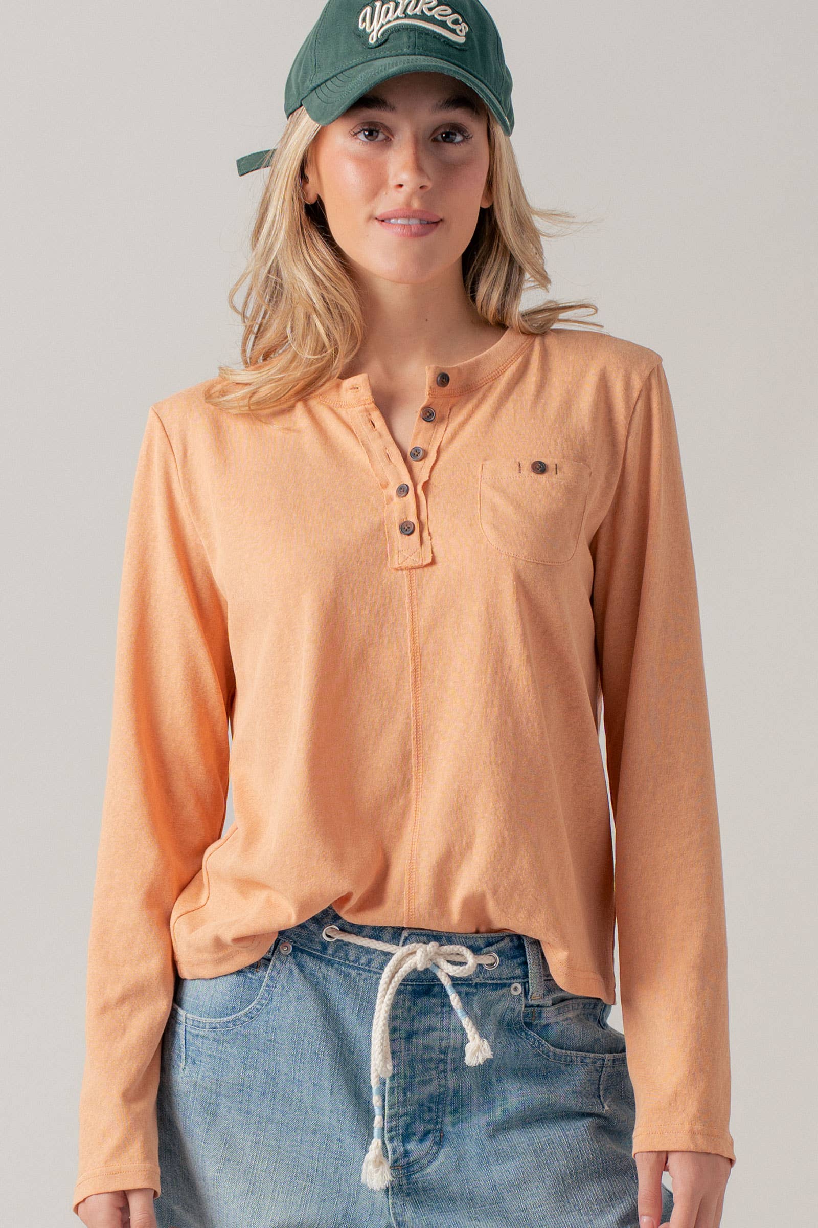 Long Sleeve Button-Front Henley Top