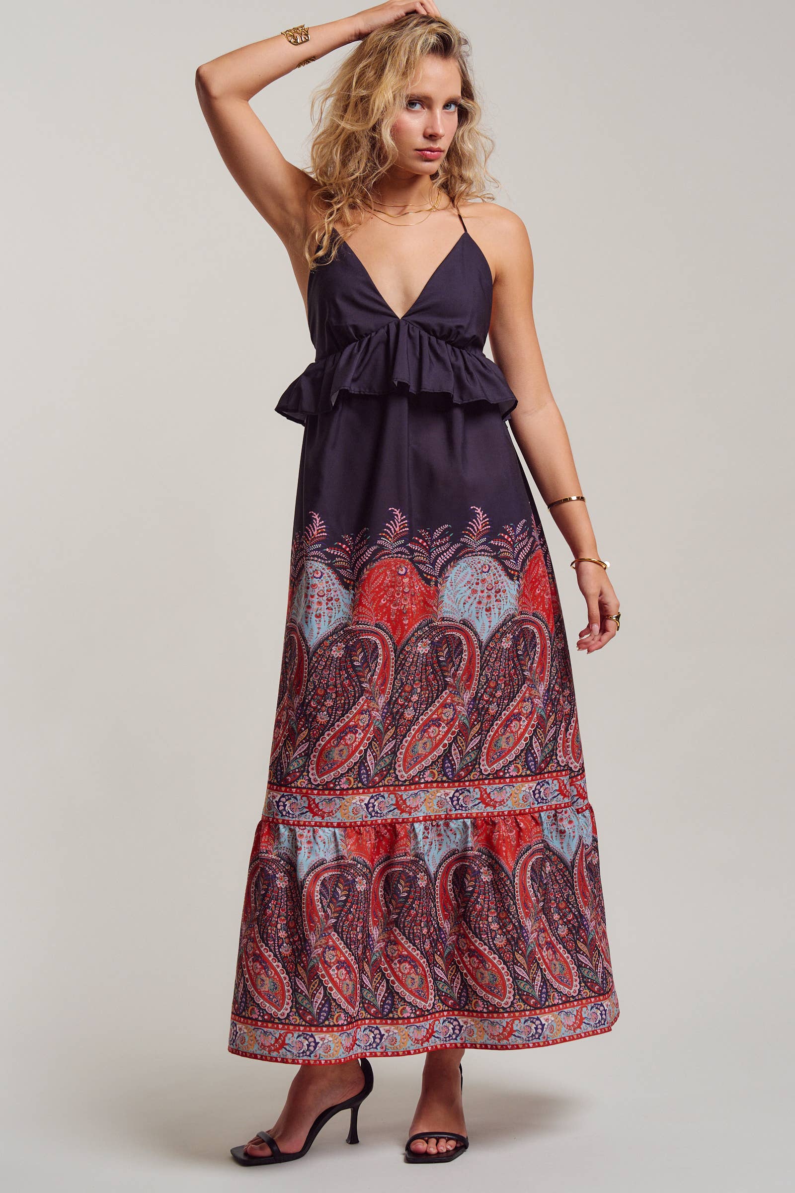 Urban Daizy Paisley Border Print Ruffle Overlay Maxi Dress Black Dress - Women's (UDDR0351-Black) – alternate view 8