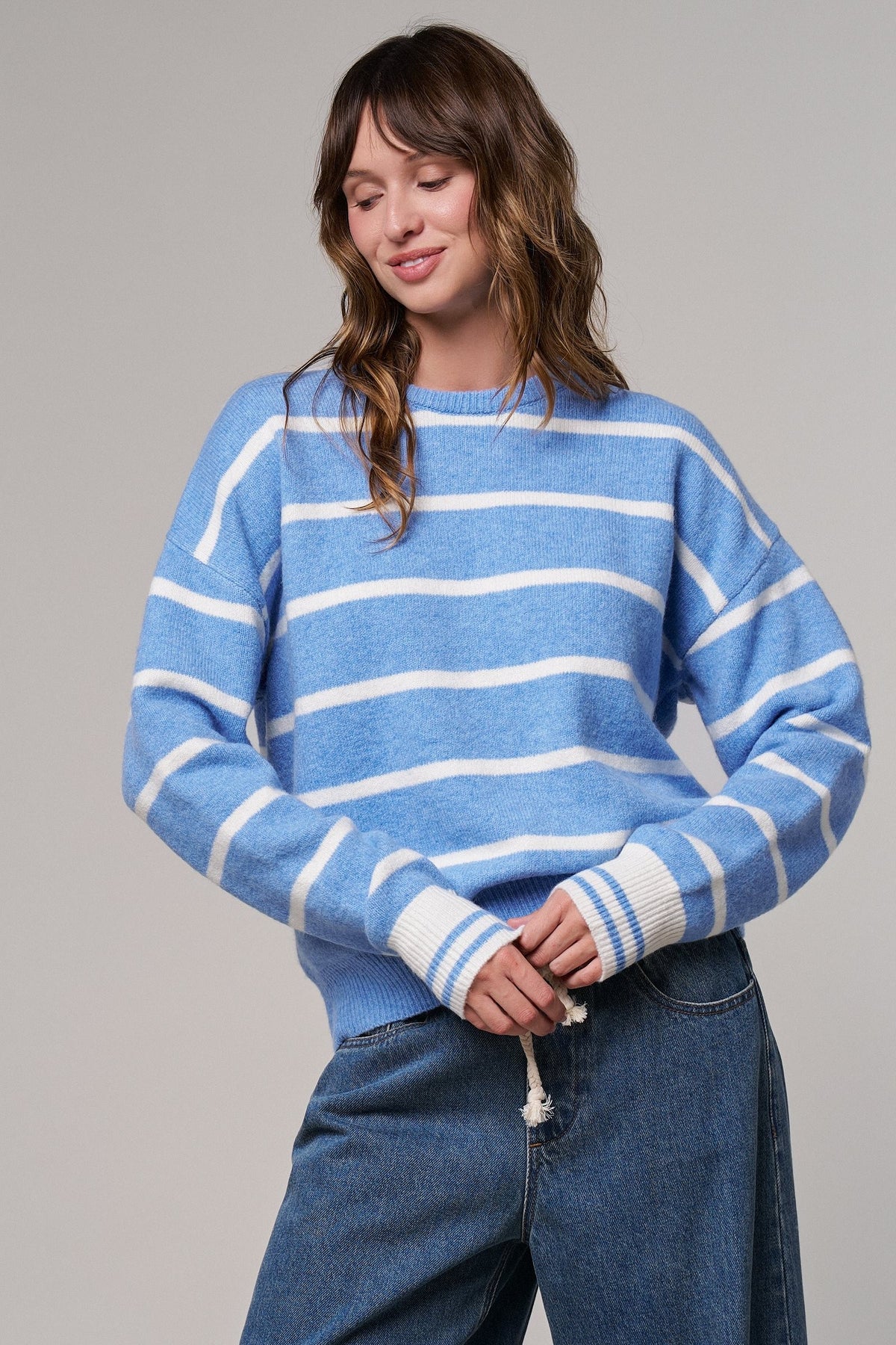 Cloud Nine Fuzzy Stripe Sweater in IVORY BLUE - Women's Sweaters | Urban Daizy