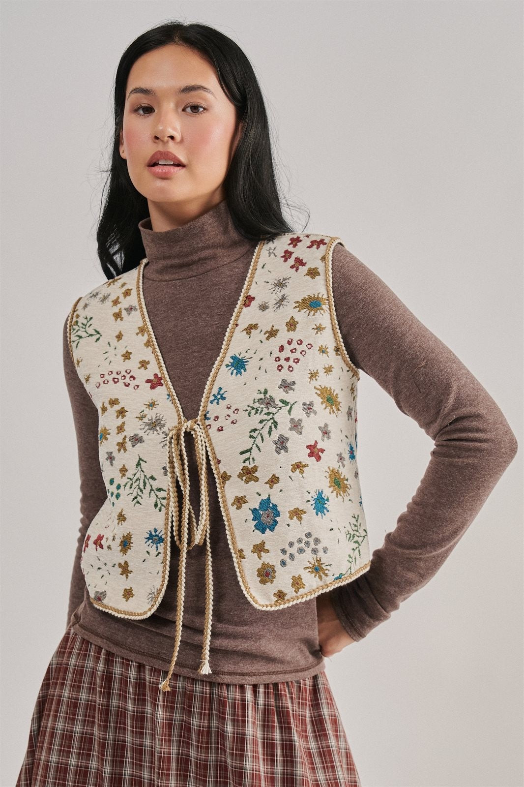 The Folklore Tapestry Vest in BEIGE MULTI - Women's Vests | Urban Daizy