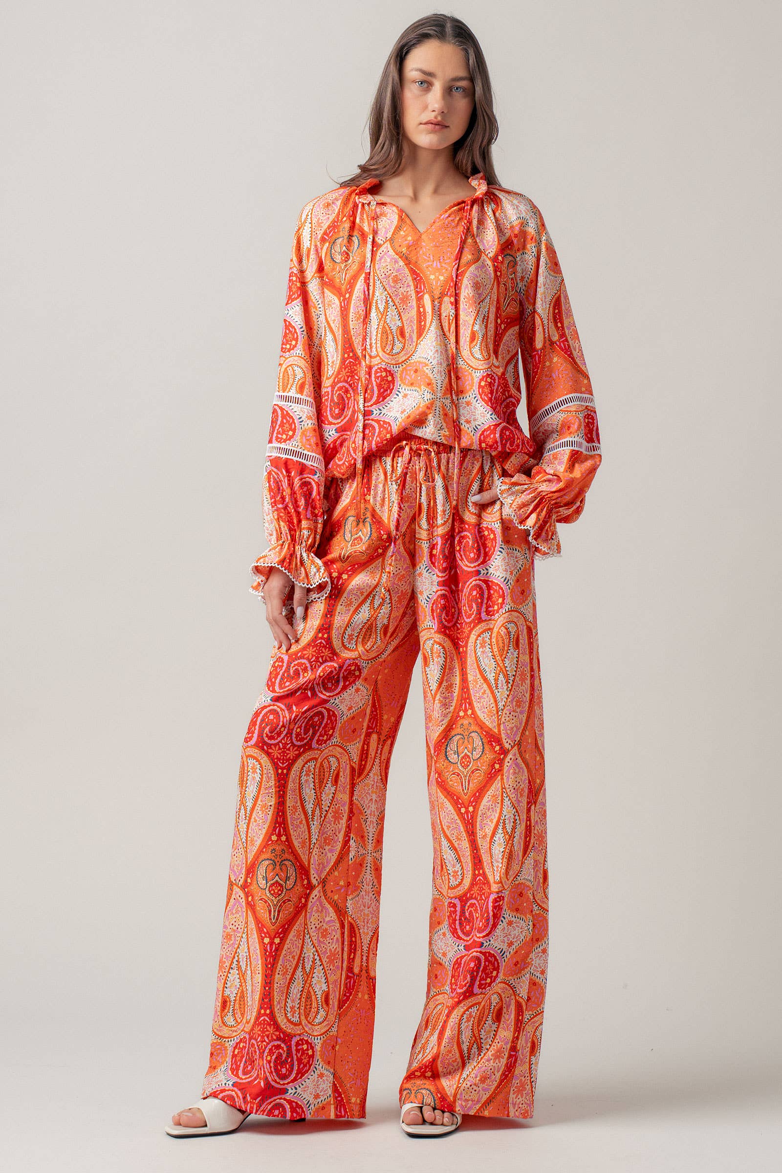 Paisley Print Tie-Neck Blouse with Bell Sleeves