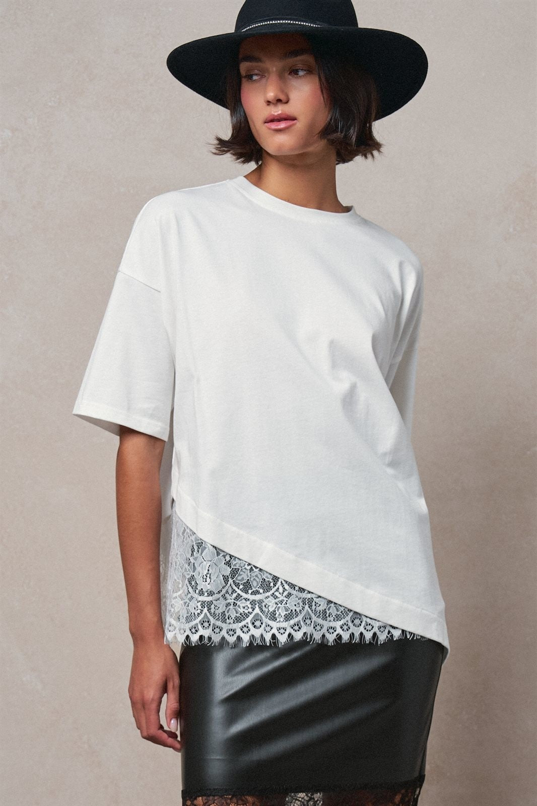 Oversized Cotton Tee with Asymmetric Lace Hem in WHITE - Women's T-Shirts & Polos | Urban Daizy