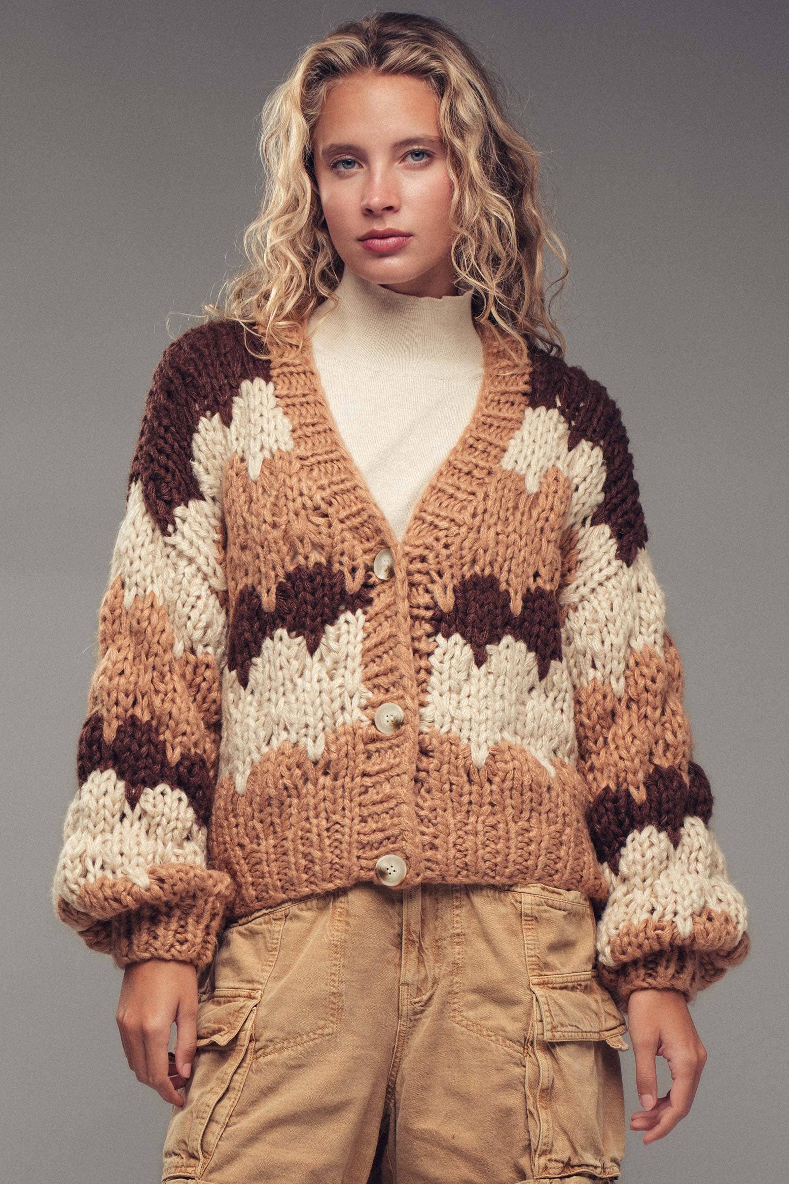 Urban Daizy Chevron Chunky Knit Cardigan – Balloon Sleeves, Cropped Fit Mocha Cardigan - Women's (UDZ-KN-00656) – alternate view 2