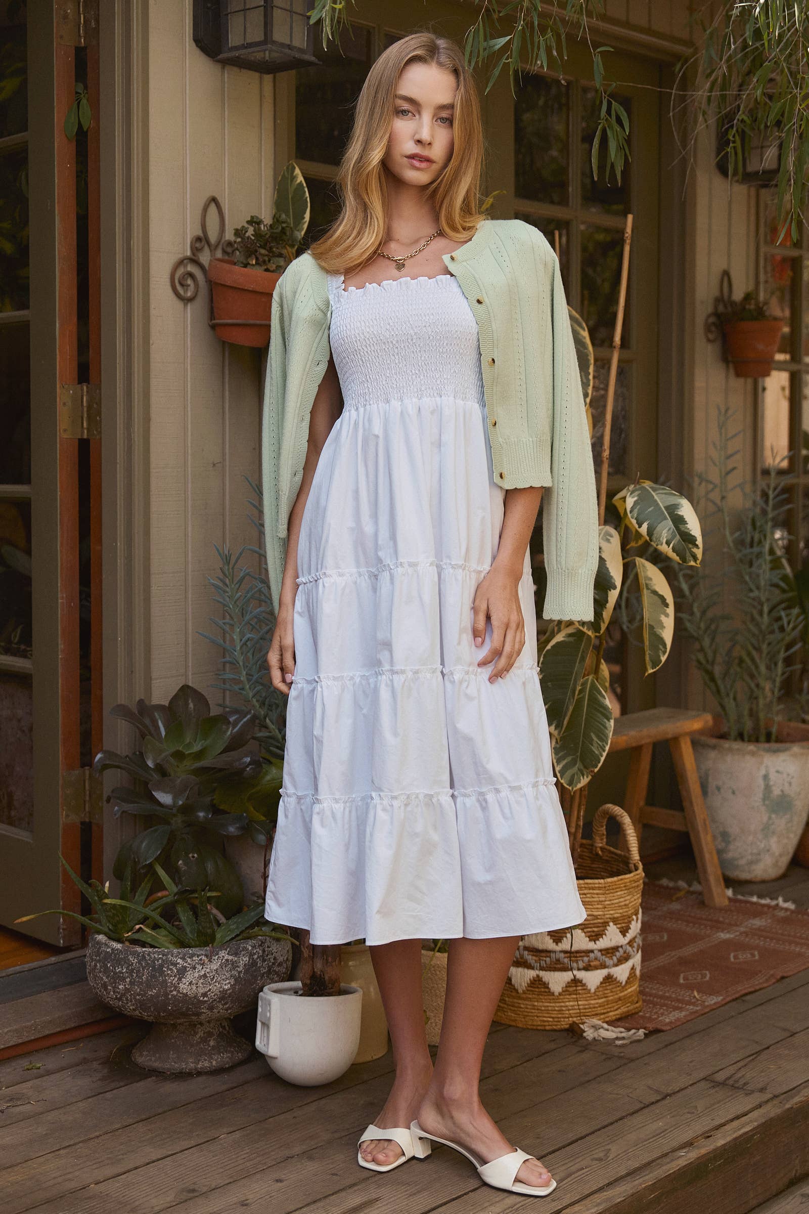 Cotton Smocked Tiered Midi Dress