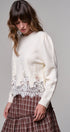 Lace Trim Knit Sweater with Floral Hem Detail in IVORY - Women's Sweaters | Urban Daizy
