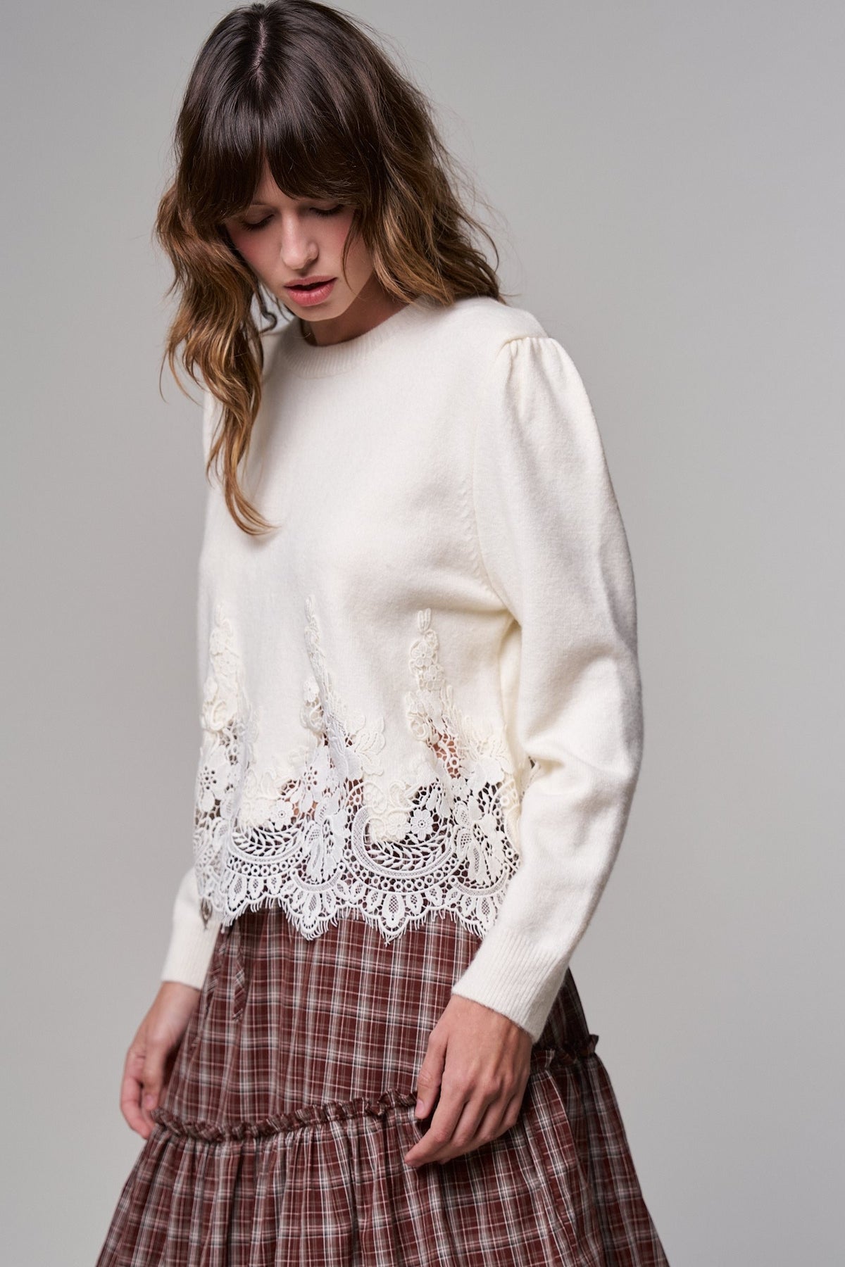 Lace Trim Knit Sweater with Floral Hem Detail in IVORY - Women's Sweaters | Urban Daizy