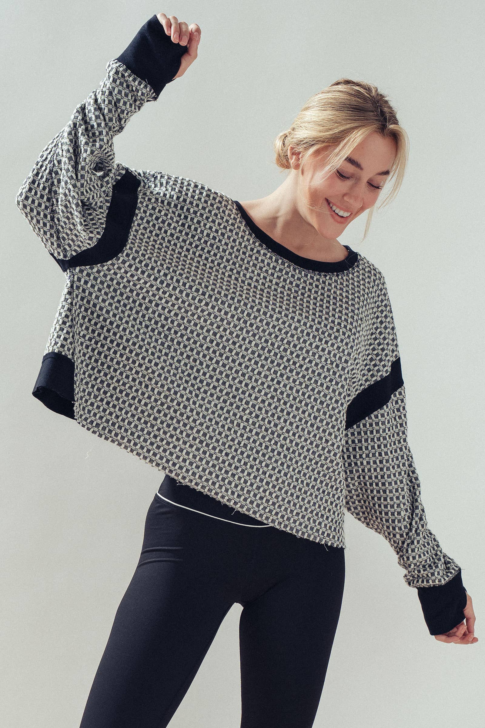 Reversible Textured Check Long Sleeve Pullover