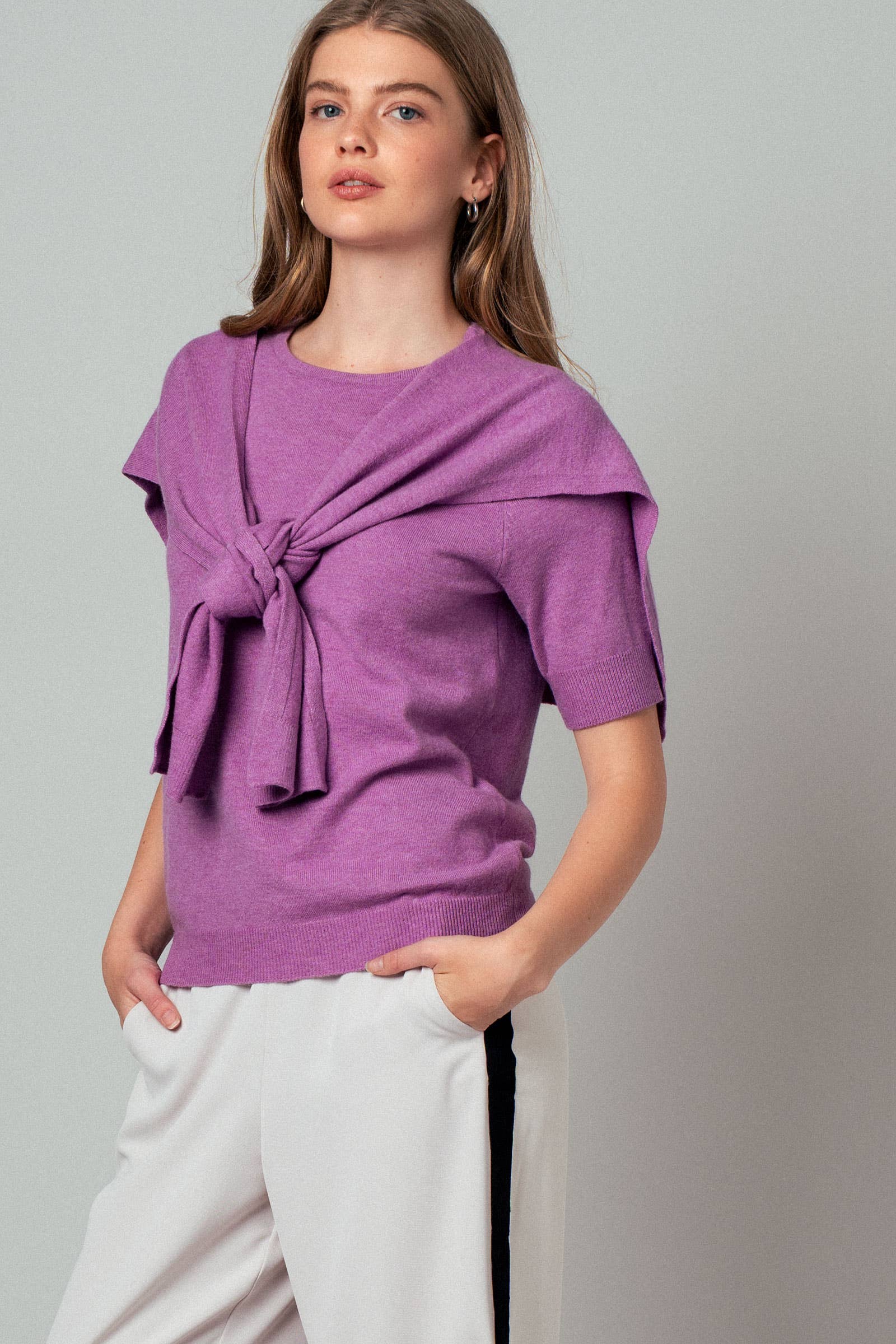 Faux Layered Tie-Front Knit Top