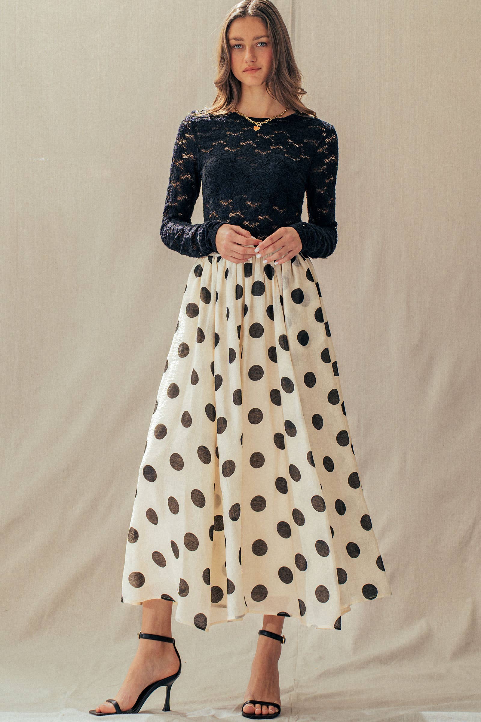 Polka Dot Elastic Waist Midi Skirt