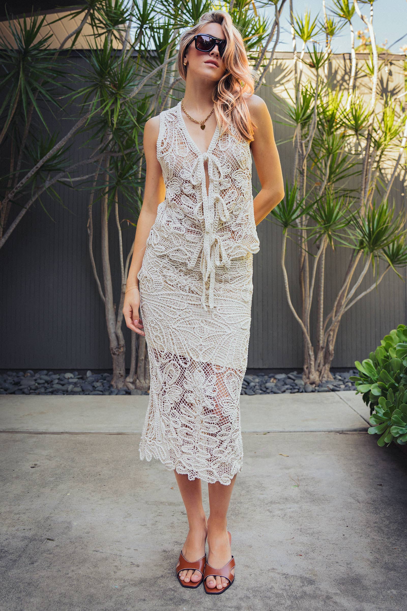 Open-Work Crochet Midi Skirt With Partial Lining