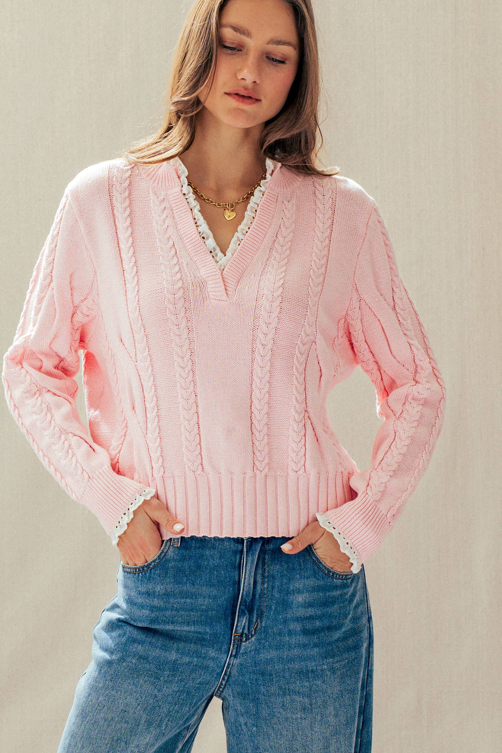 Lace Trim Cable Knit Pullover Sweater