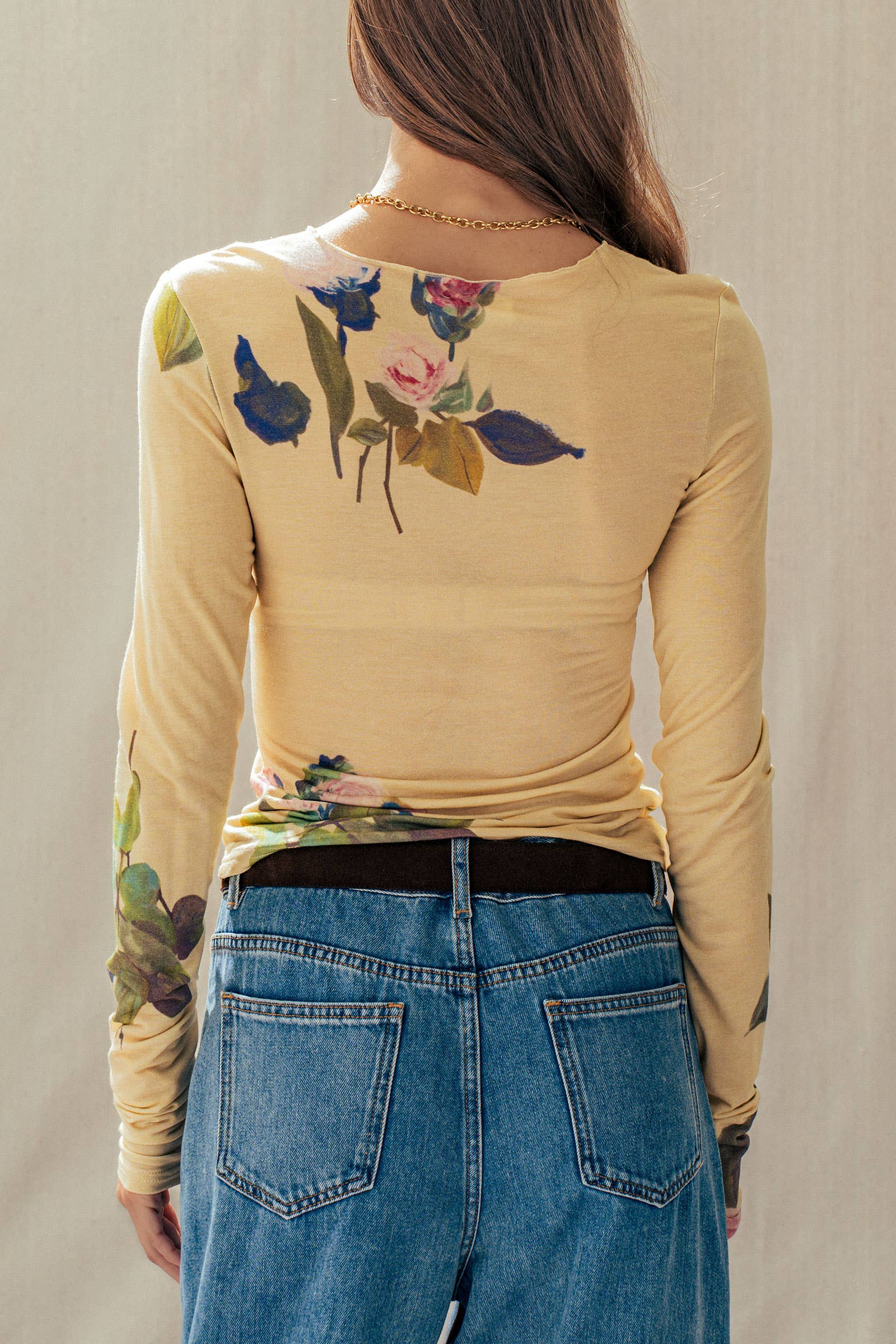 Vintage Floral Long Sleeve Top Tencel Wool Blend