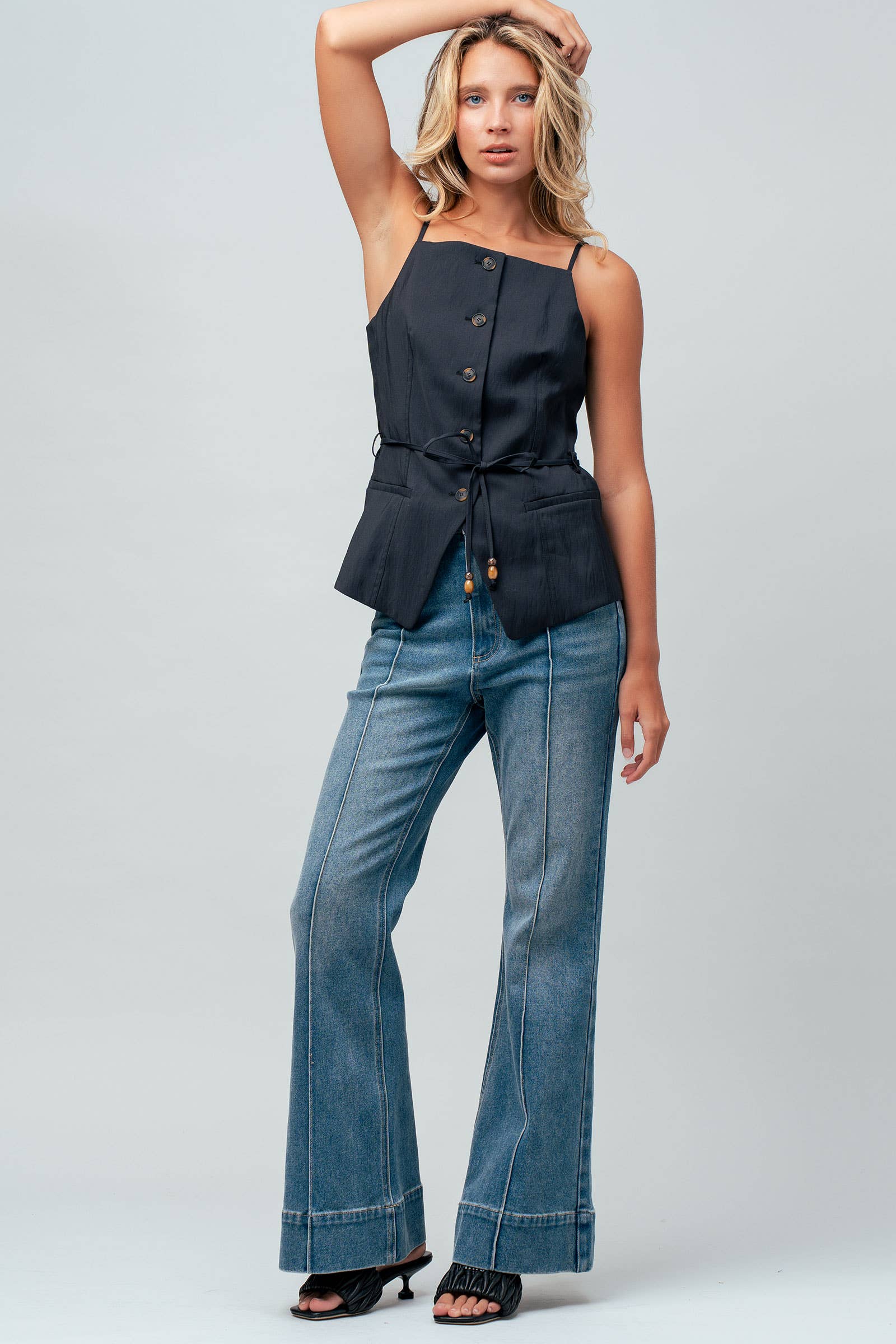 Button Front Tie Waist Vest Top