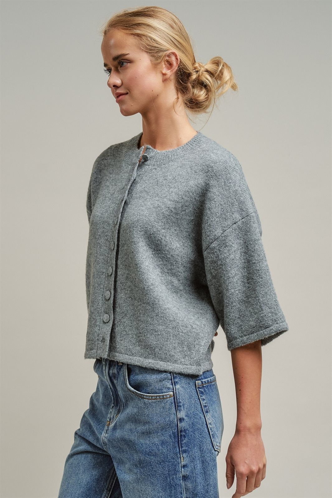 Cropped Knit Button-Front Cardigan Dropped Shoulder