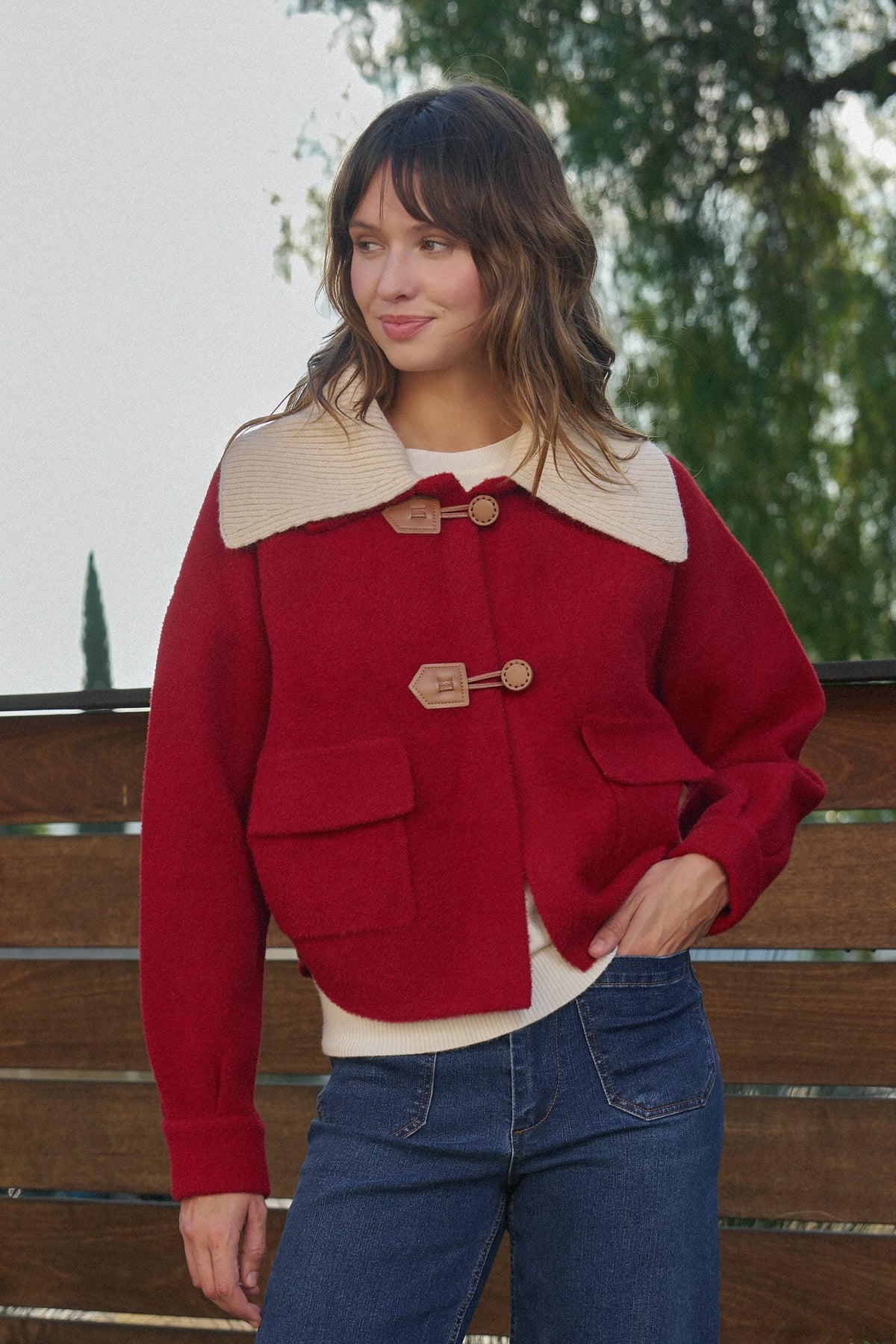 Toggle Front Sweater Jacket with Contrast Collar in RED - Women's Jackets & Blazers | Urban Daizy