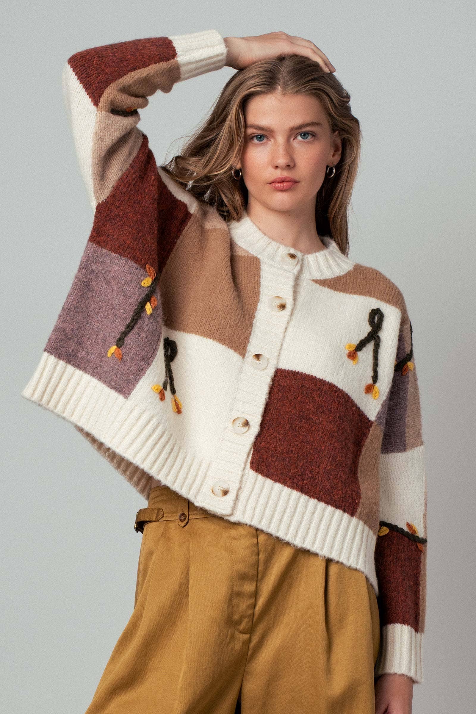 Urban Daizy Colorblock Checkerboard Yarn Appliqué Cardigan Mocha Cardigan - Women's (UDZ-OT-00168) – alternate view 15