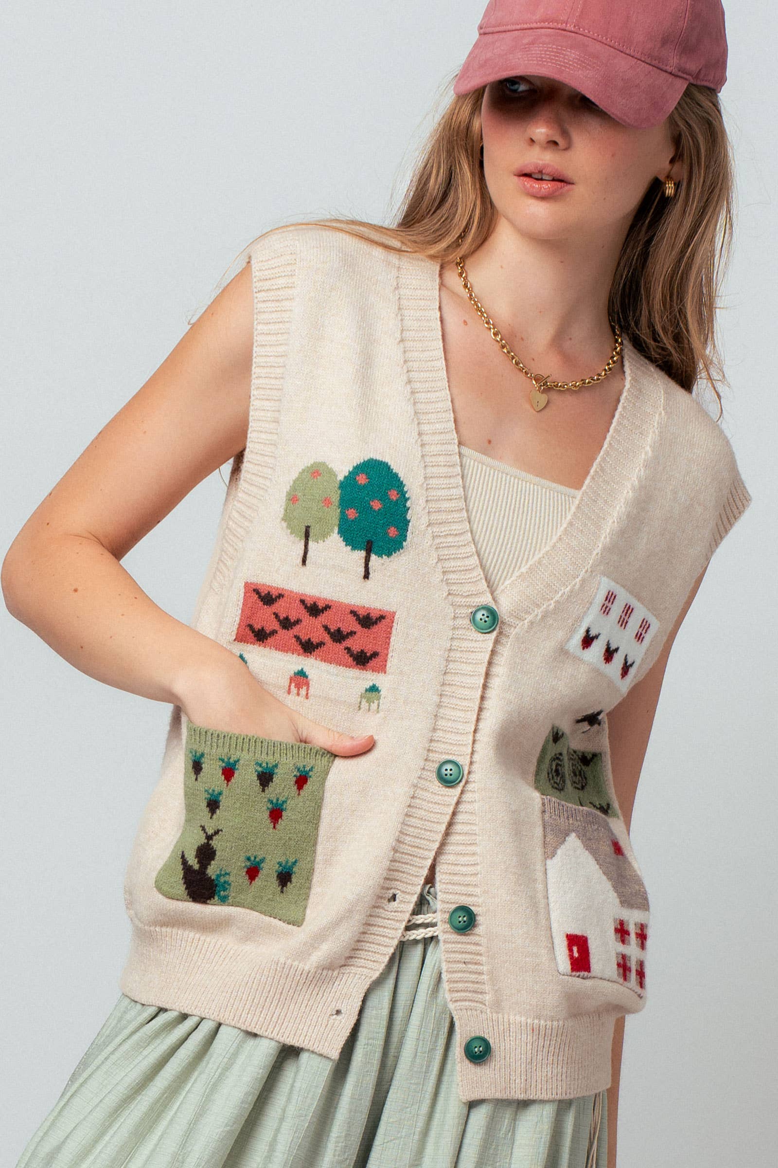 Urban Daizy Boho Graphic Knit Vest with Patch Pockets Oatmeal Sweater Vest - Women's (UDZ-KN-01039) – alternate view 8