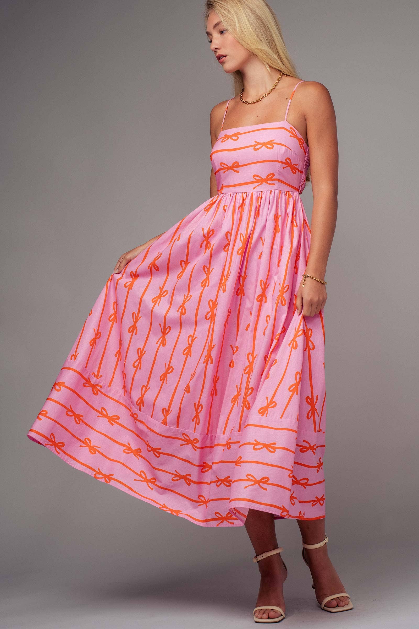 Sweet Ribbon Stripe Bow Print Smocked Back Maxi Dress