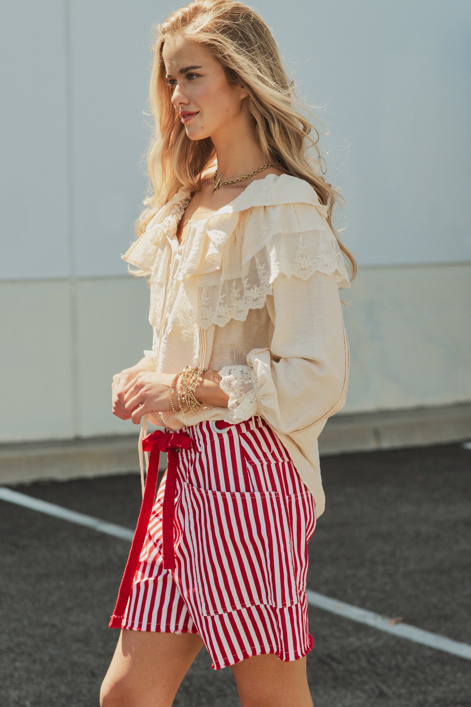 Striped High-Rise Denim Shorts