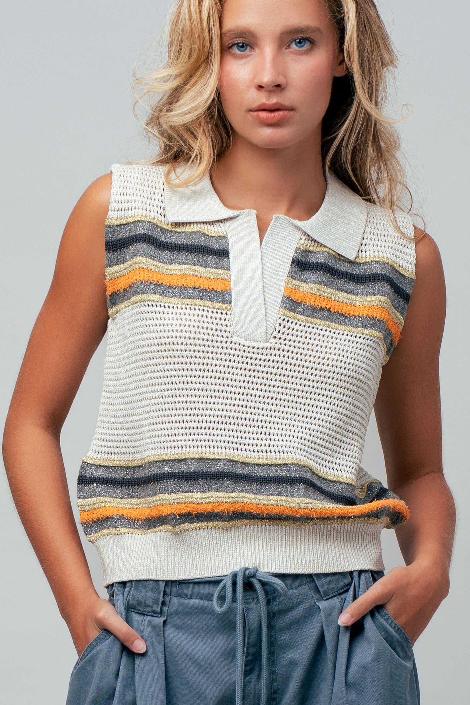 Textured Stripe Collared Open-Knit Vest