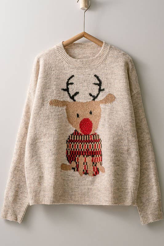 Urban Daizy Rudolph Reindeer Knit Crewneck Sweater Grey Knit Sweater - Women's (UDZ-KN-00538) – alternate view 4