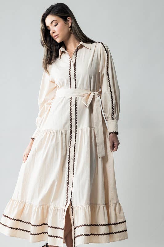 Urban Daizy Scalloped Tiered Cotton Button Down Belted Midi Dress Navy Dress - Women's (UDZ-DR-00311) – alternate view 2