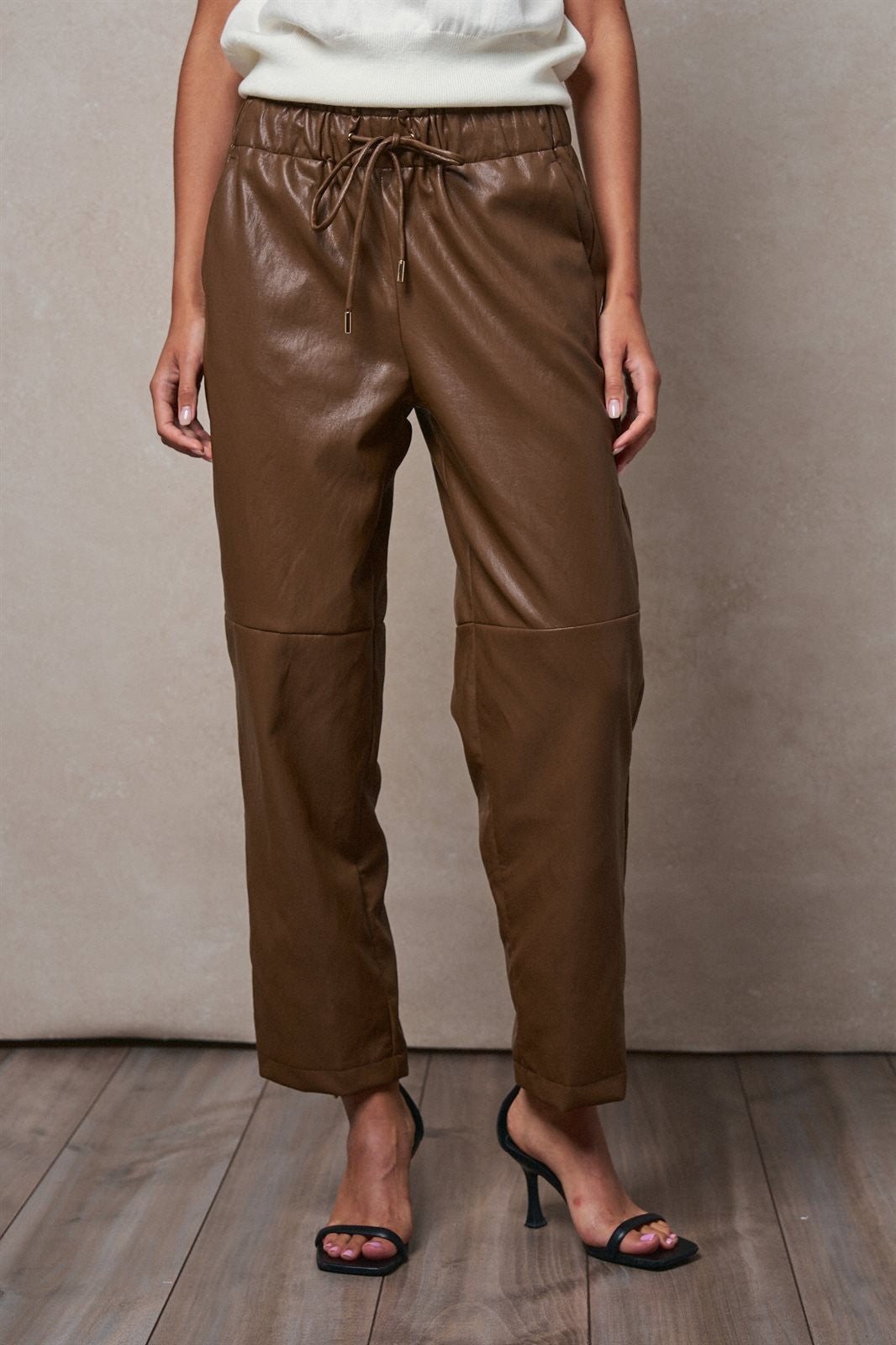 Faux Leather Drawstring Jogger Pants in BROWN - Women's Casual Pants | Urban Daizy