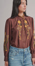 Embroidered Ruffle Neck Blouse in Western Folk Style in BROWN - Women's Shirts & Blouses | Urban Daizy