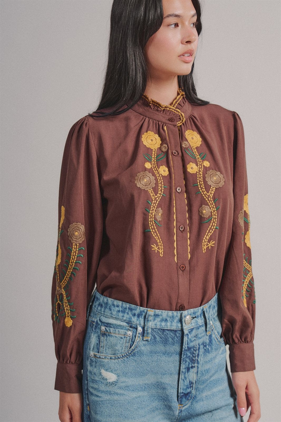 Embroidered Ruffle Neck Blouse in Western Folk Style in BROWN - Women's Shirts & Blouses | Urban Daizy