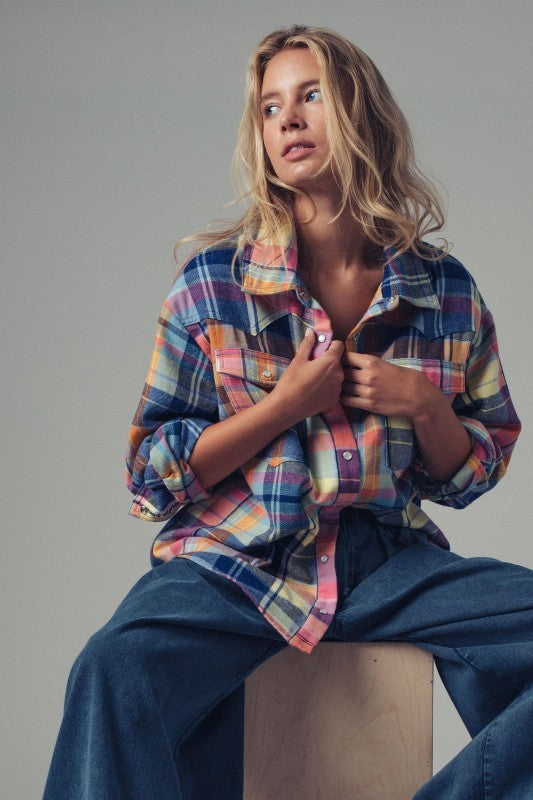 Oversized Plaid Button-Up Flannel Shirt w Pockets in BLUE MULTI - Women's Shirts & Blouses | Urban Daizy