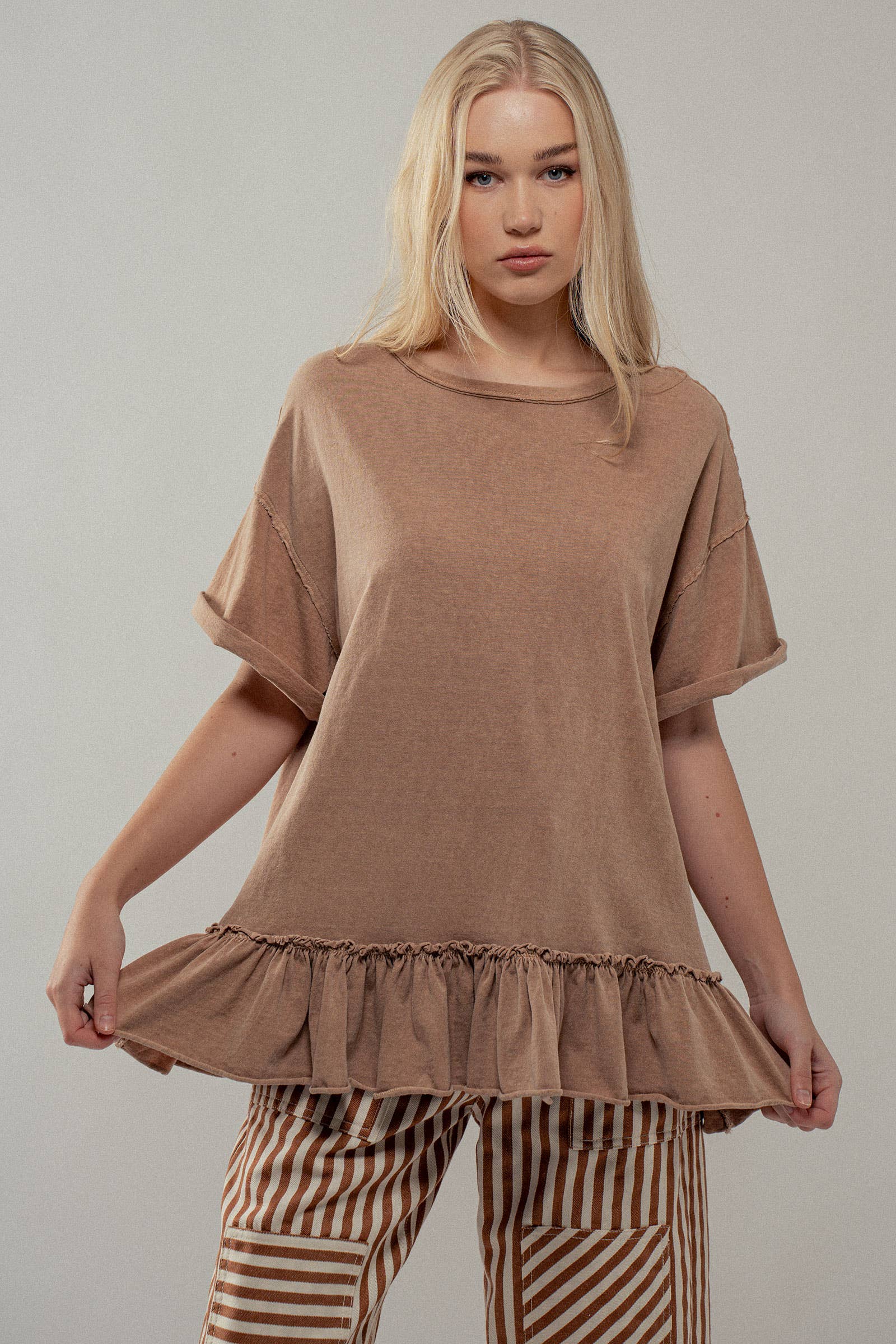 Casual Drop Shoulder Ruffle Hem Exposed Stitch Crew Neck Top