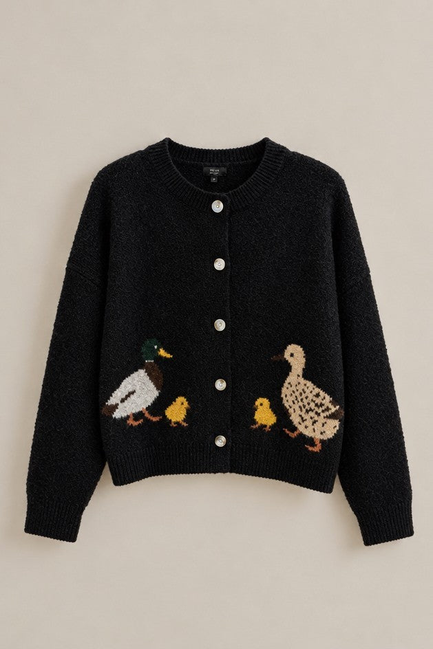 Duckling Parade Intarsia Cardigan in BLACK - Women's Cardigans & Shrugs | Urban Daizy