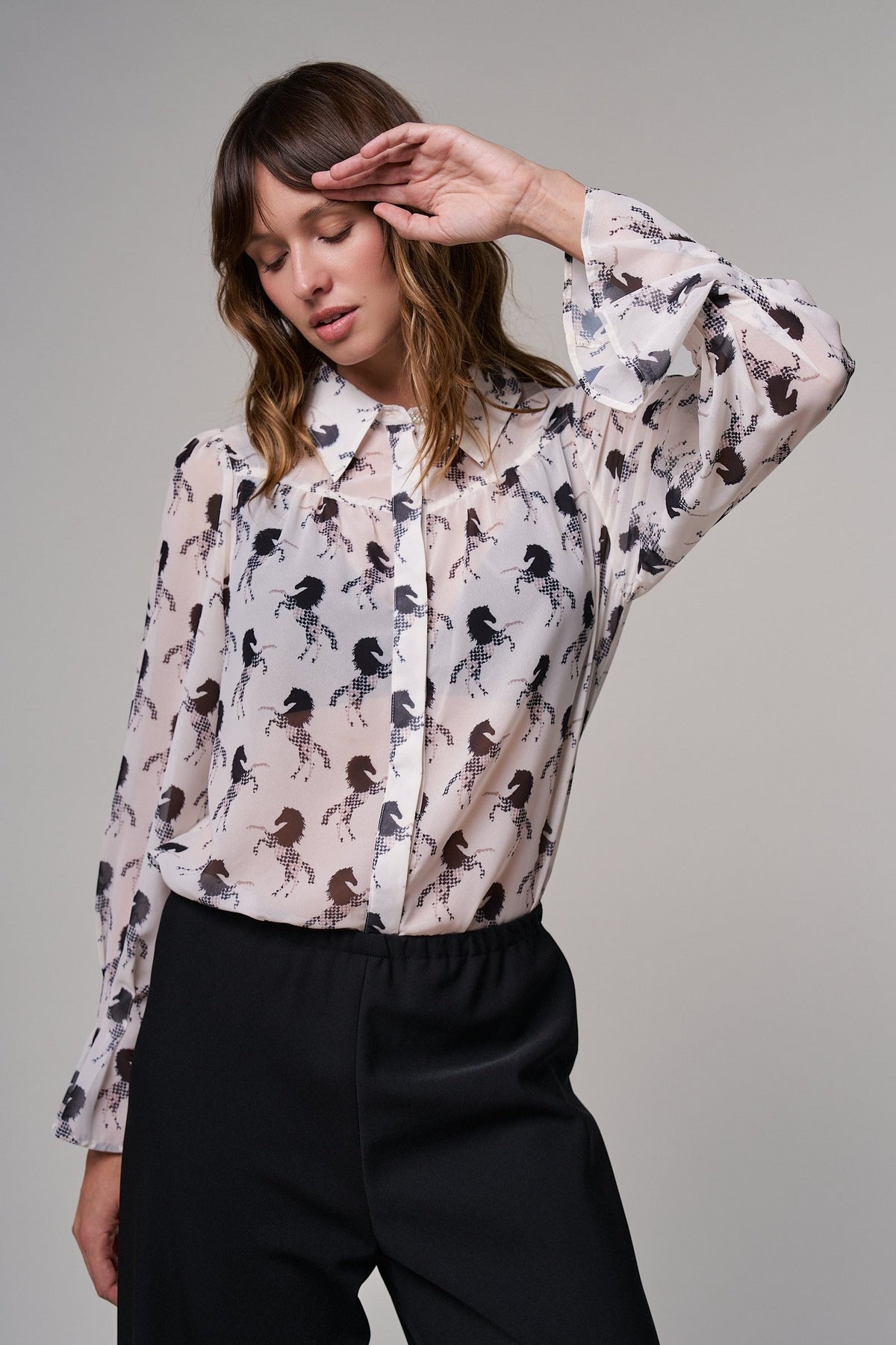 Midnight Stallion Blouse in IVORY BLACK - Women's Shirts & Blouses | Urban Daizy