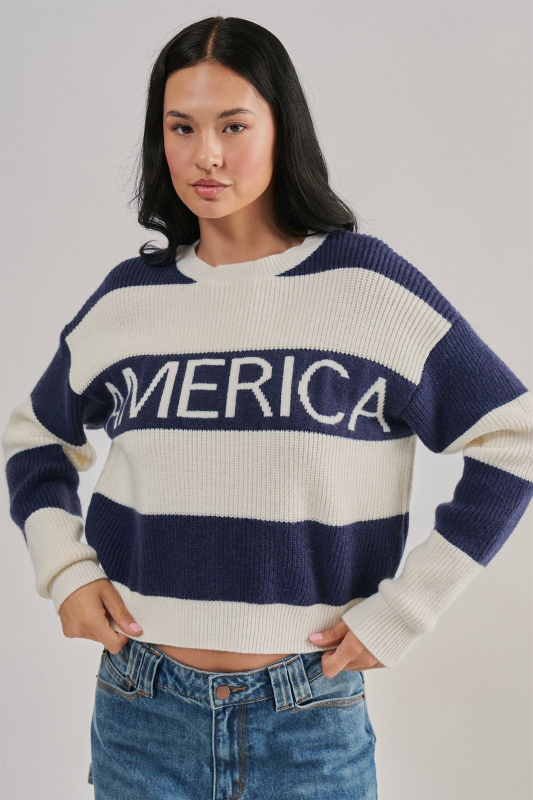 Nantucket America Stripe Crewneck Sweater in IVORY NAVY - Women's Sweaters | Urban Daizy