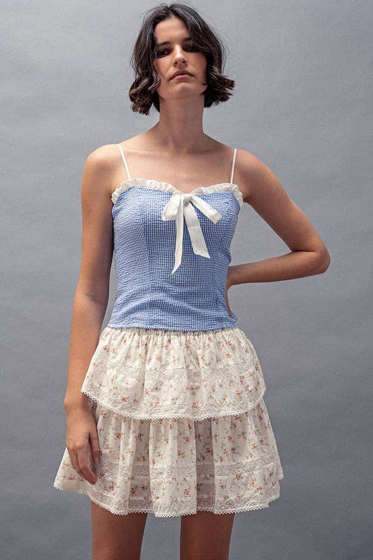 Urban Daizy Vintage Pink Rose Print Lace Trim Double Tiered Mini Skirt Ivory Skirt - Women's (UDZ-AC-00158) – alternate view 6