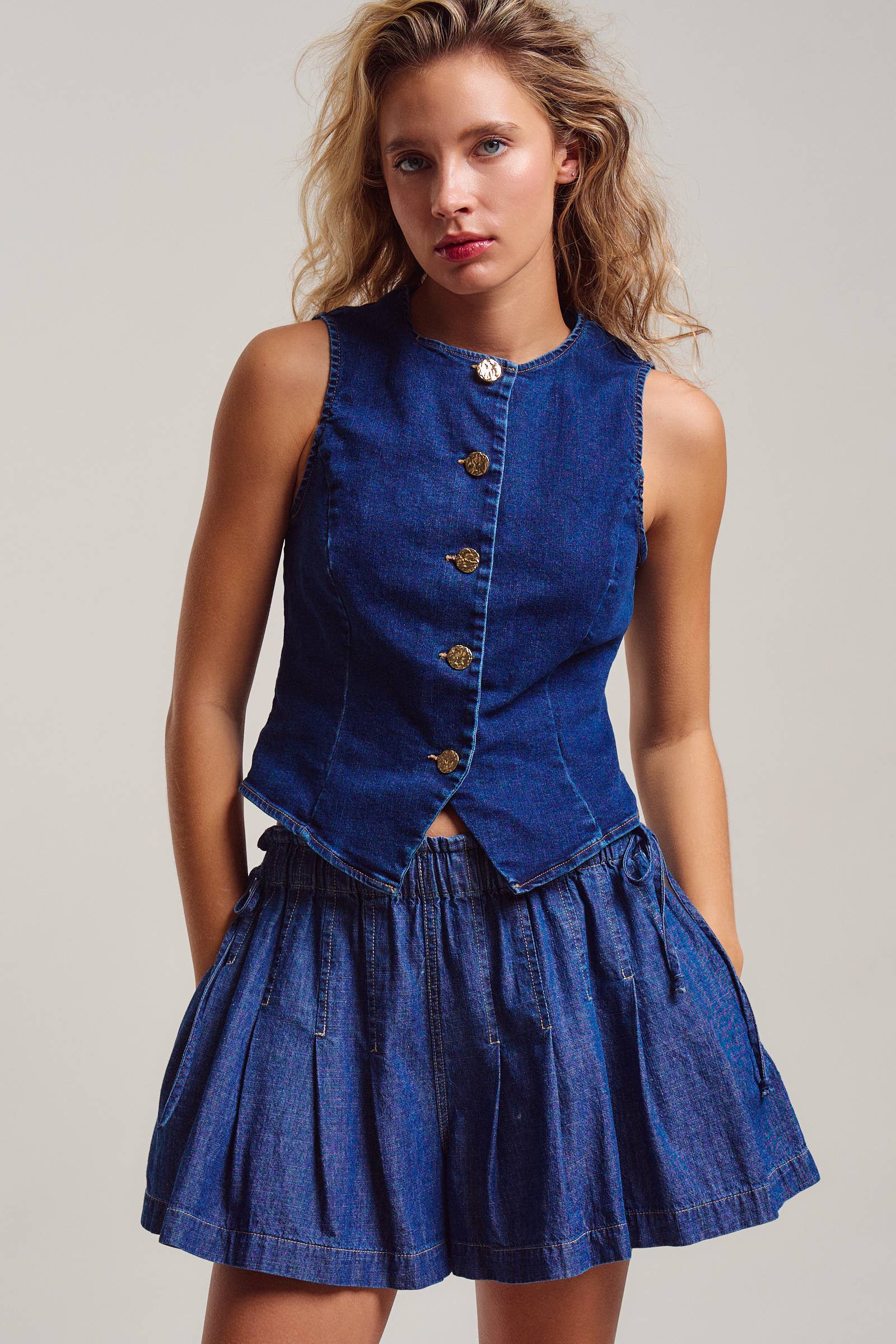 Fitted Gold Button Front Denim Vest