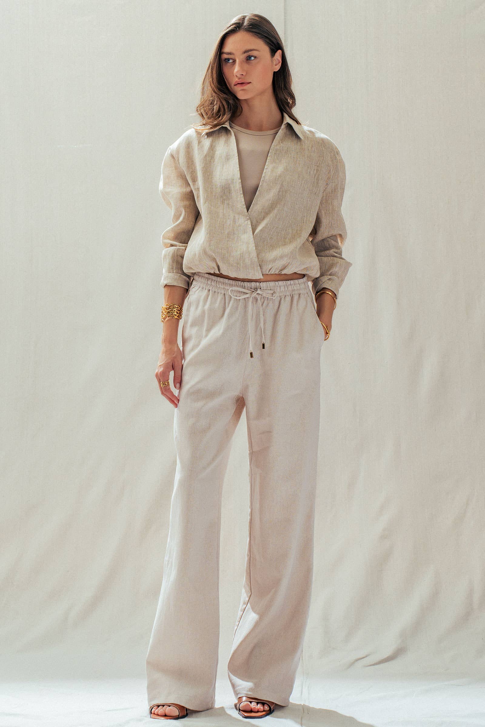Collared Linen Wrap Crop Top with Built In Tank