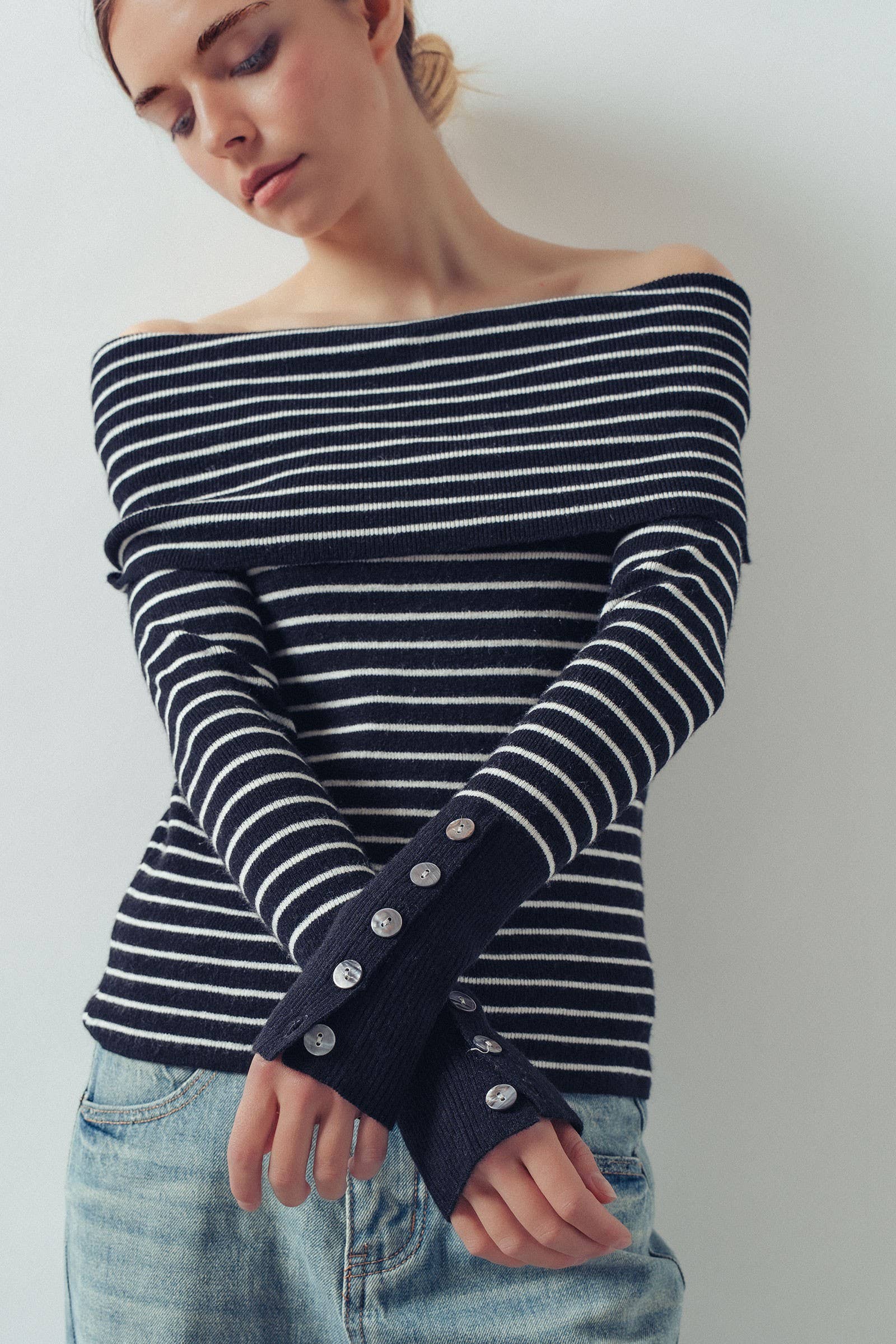 Off-Shoulder Striped Knit Top