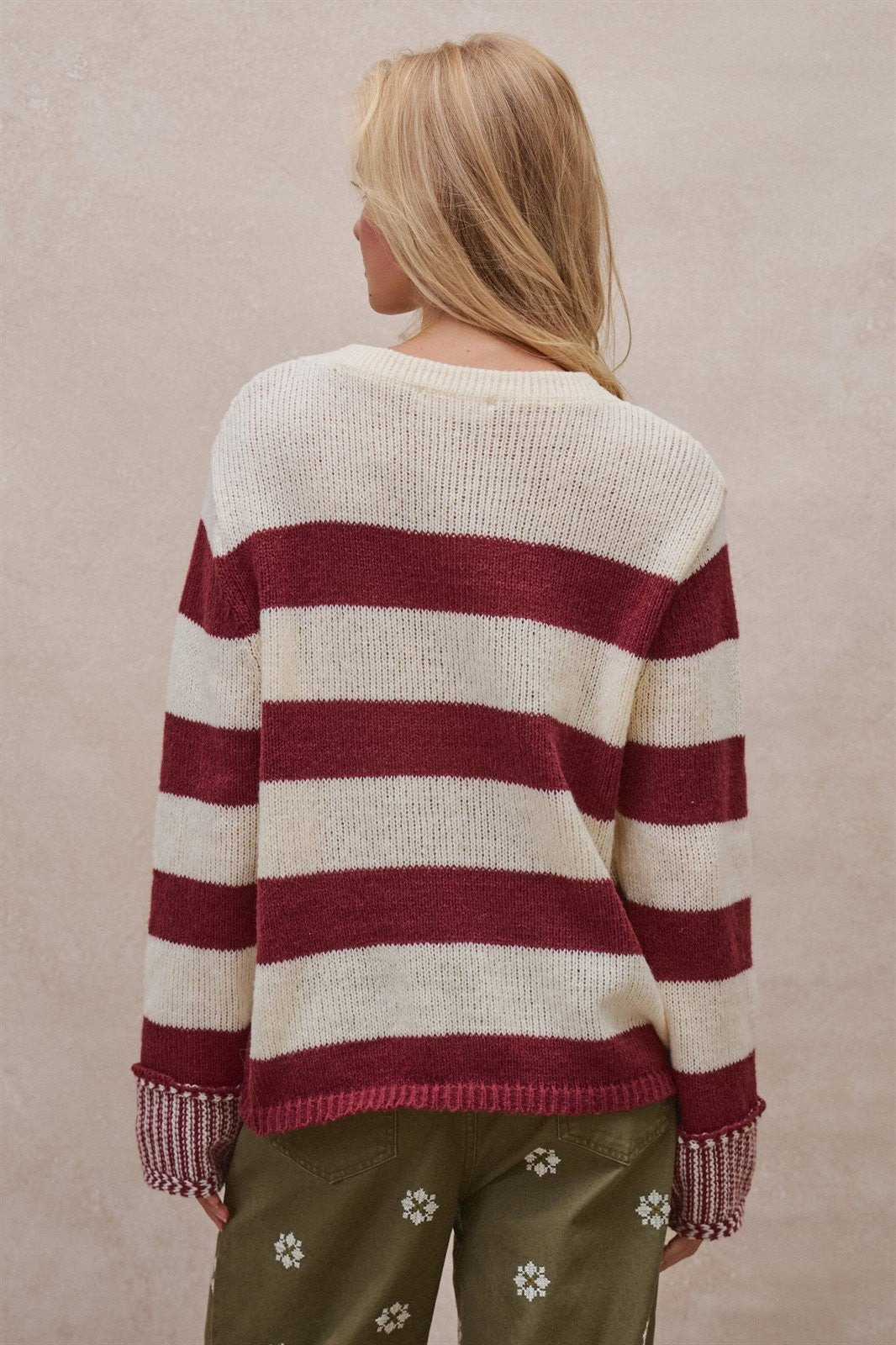 Striped Oversized Chunky Knit Sweater in BURGUNDY - Women's Sweaters | Urban Daizy