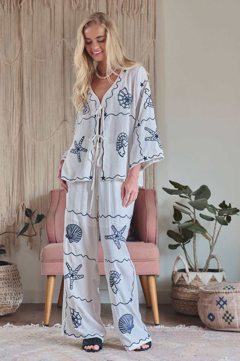 Seashell Embroidered Linen Blend Wide Leg Pants