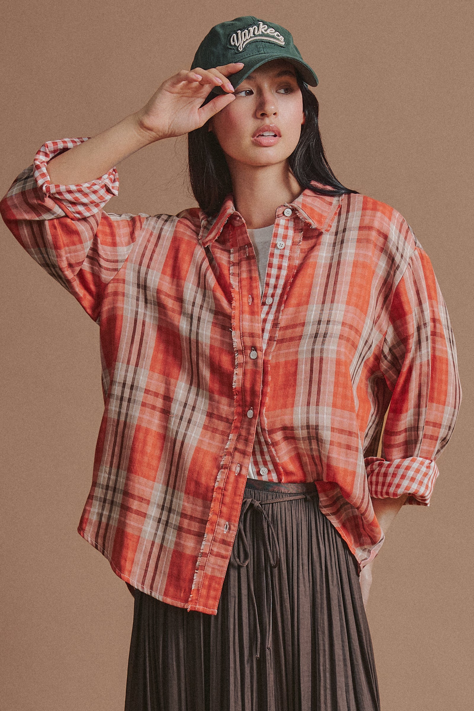 Double Gauze Plaid Oversized Button-Down Shirt