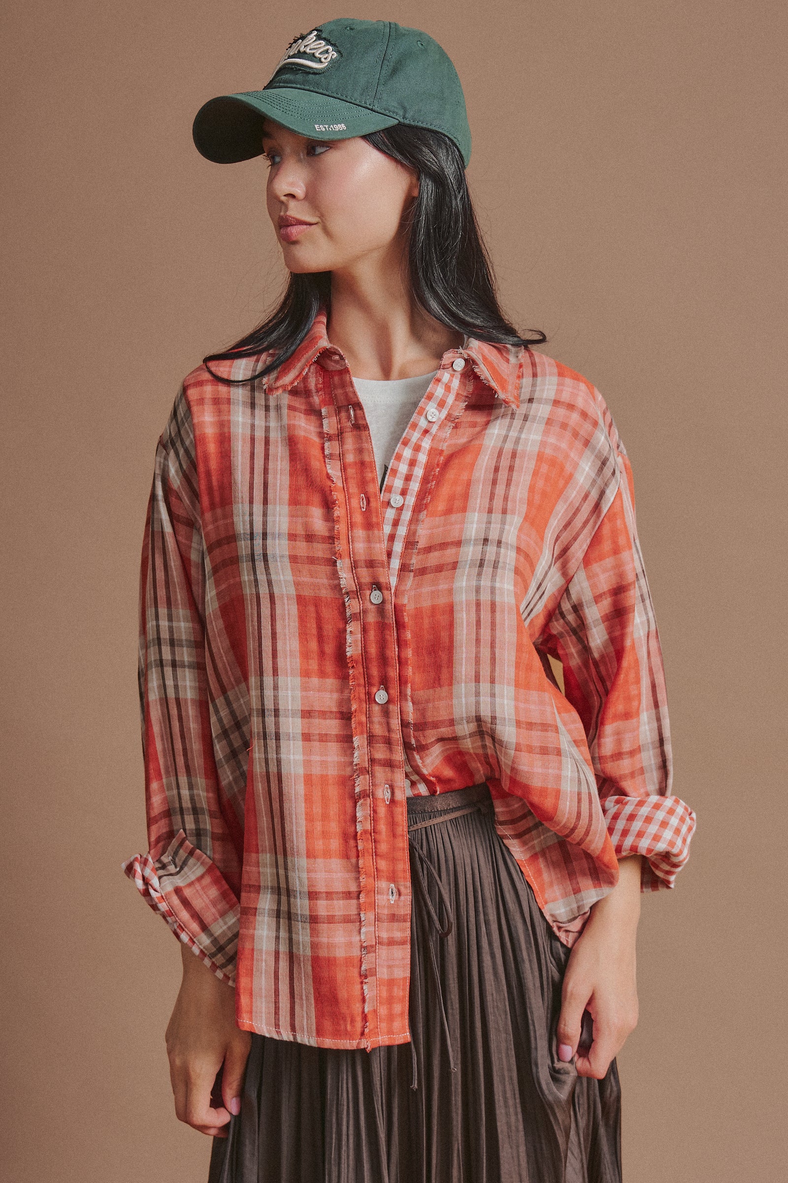 Double Gauze Plaid Oversized Button-Down Shirt
