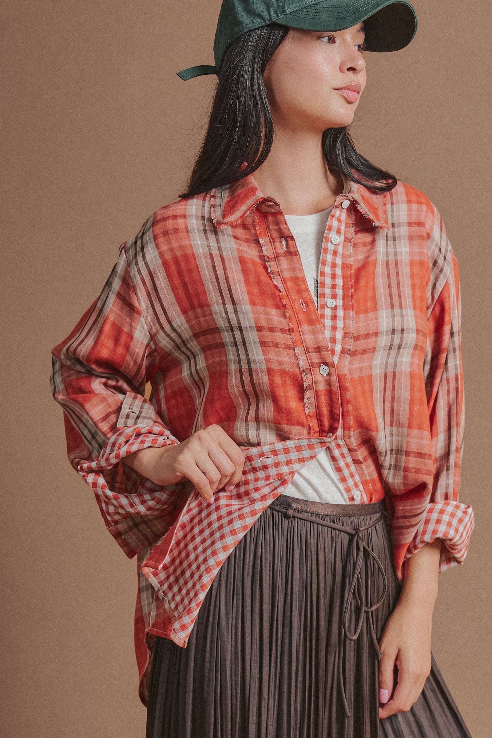 Double Gauze Plaid Oversized Button-Down Shirt