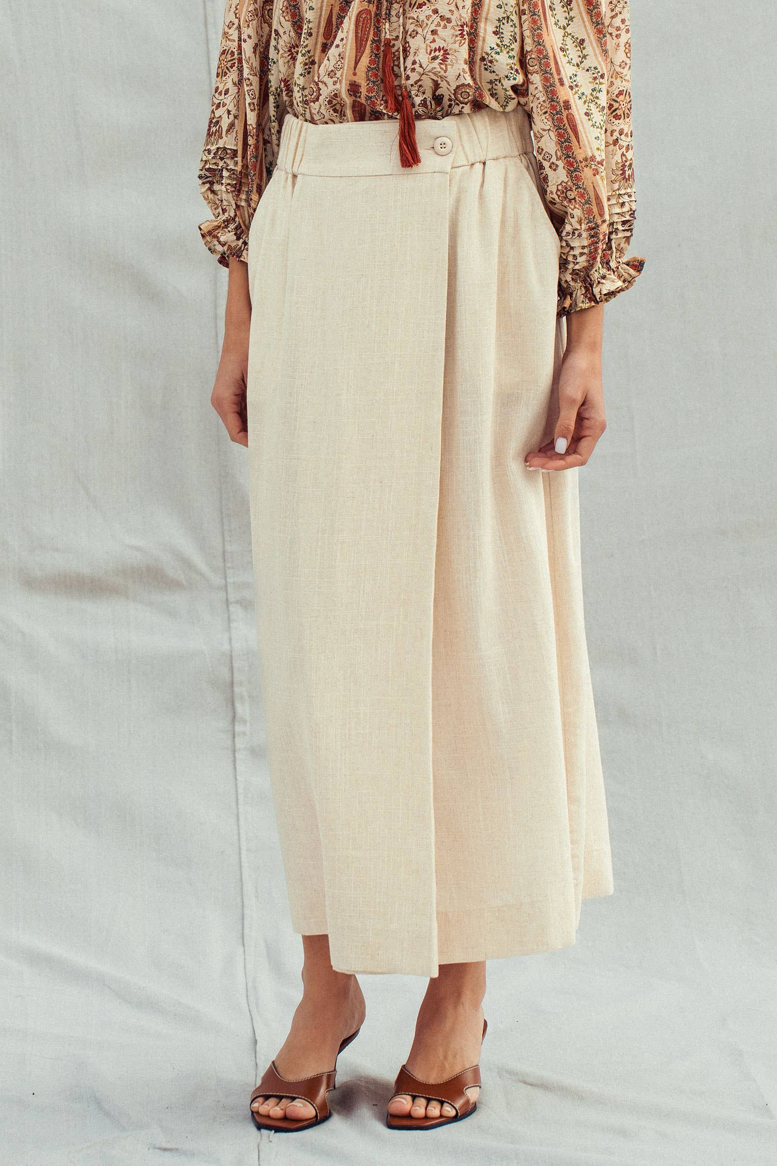 Bohemian Button Front Wrap Around Elastic Waist Maxi Skirt