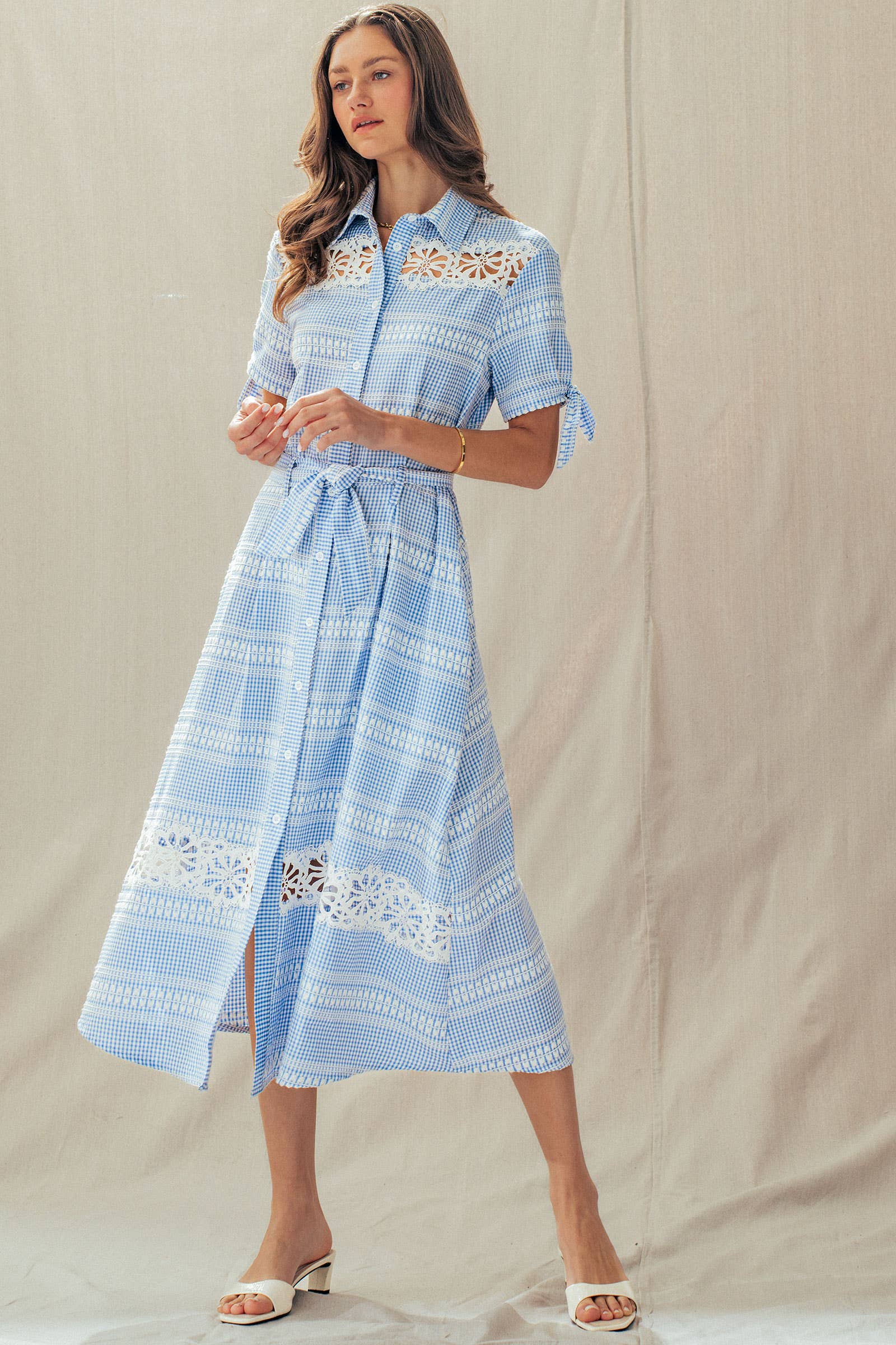 Gingham Cotton Shirt Dress Eyelet Embroidery